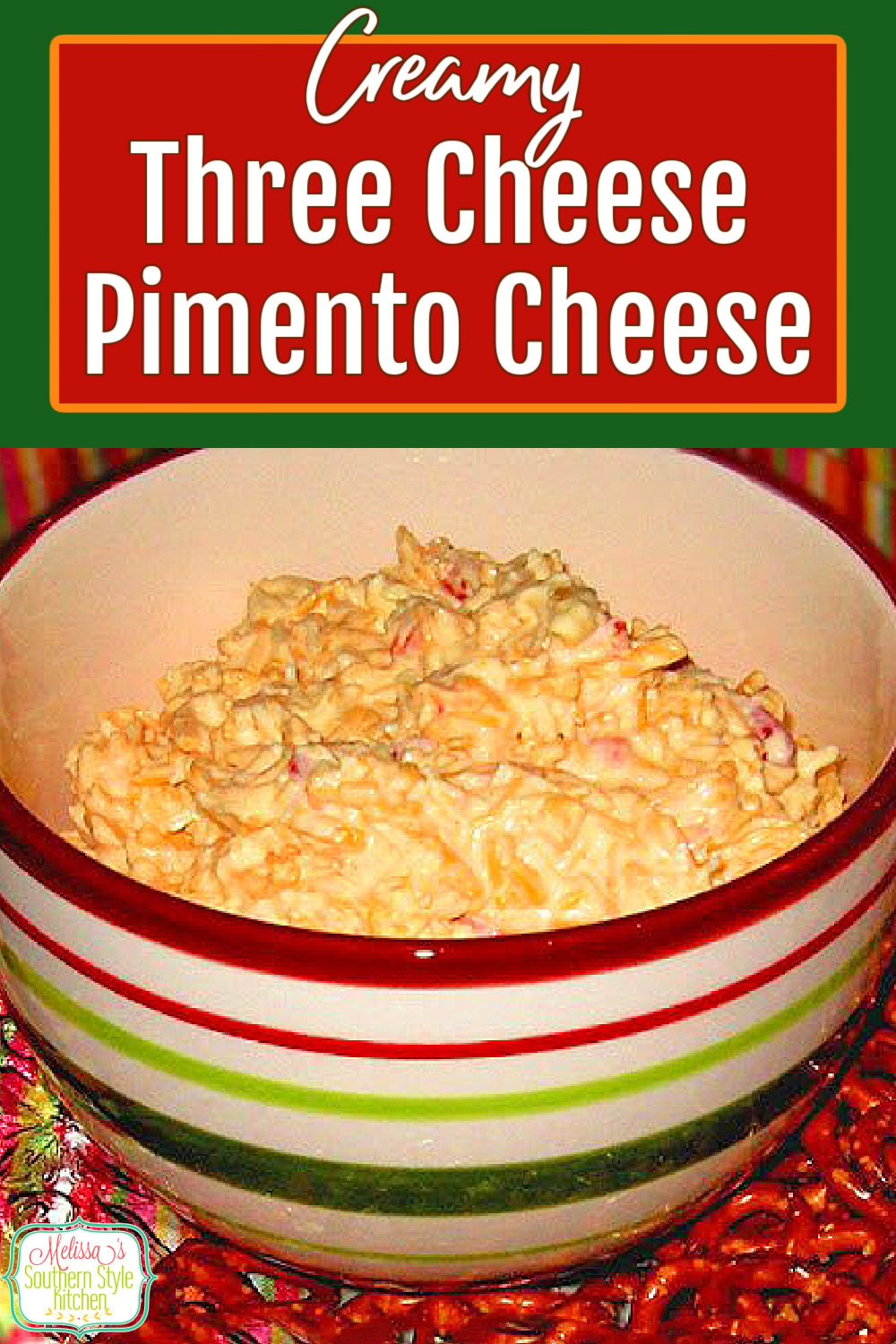 Slather this Creamy Three Cheese Pimento Cheese on celery, crackers, pretzels or bread for an appetizer and between meal snacking. #pimentocheese #southernpimentocheese #pimientocheeserecipes #easyrecipes #southernrecipes via @melissasssk