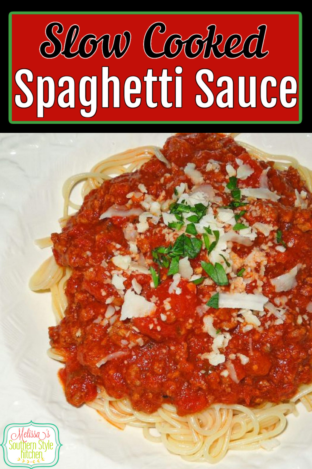 Simmer this rich and flavorful Slow Cooked Spaghetti Sauce all day and you'll have dinner on the table in no time flat #slowcookedspaghettisauce #spaghettisaucerecipes #spaghetti #pasta #easygroundbeefrecipes #slowcooking #crockpotrecipes via @melissasssk