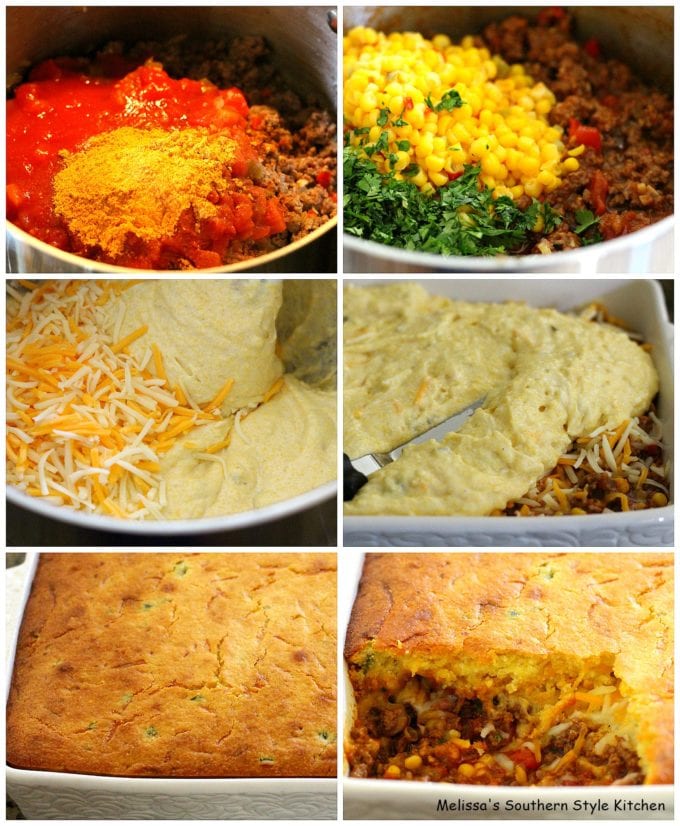 step-by-step images ground beef, corn bread batter and cheese