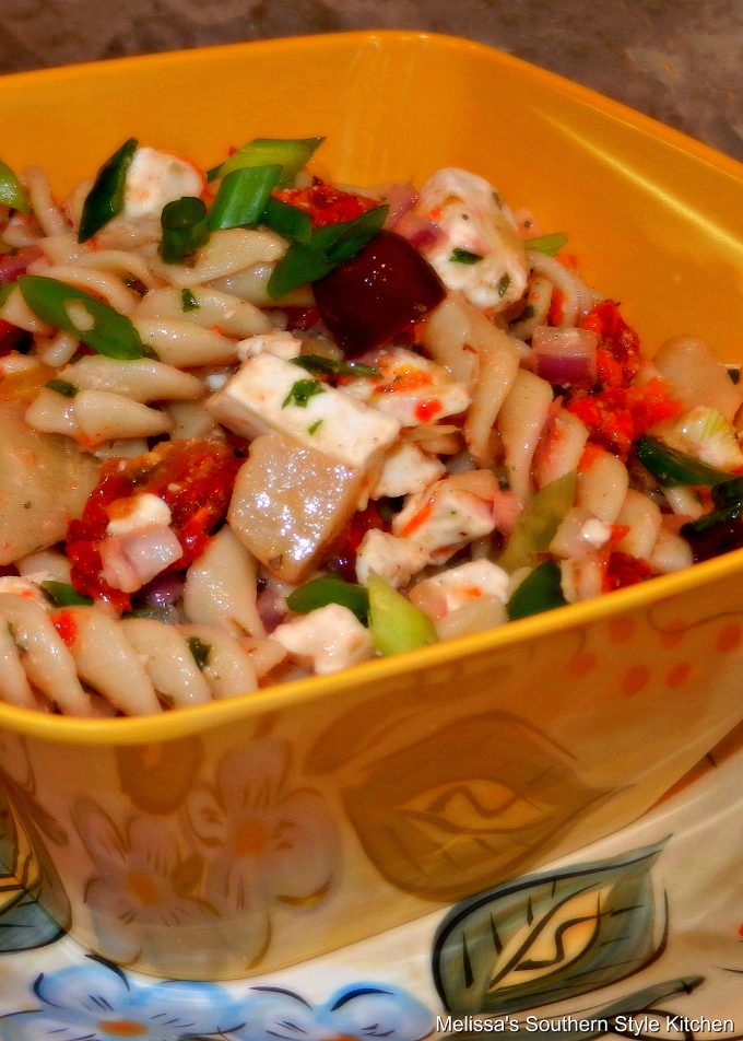 Greek Pasta Salad in a serving bowl