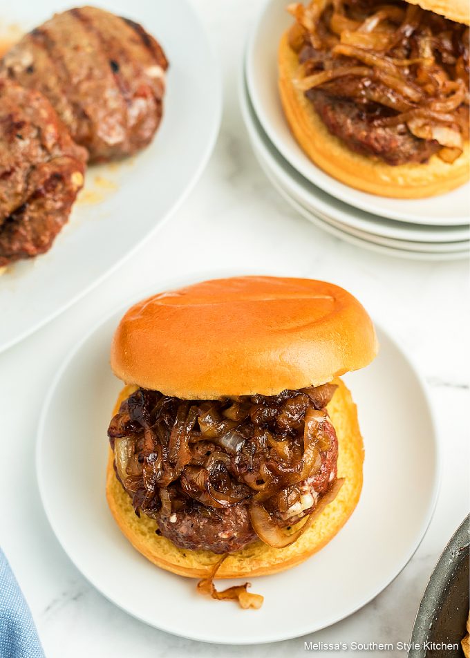 plated Black and Bleu Burger with caramelized onions