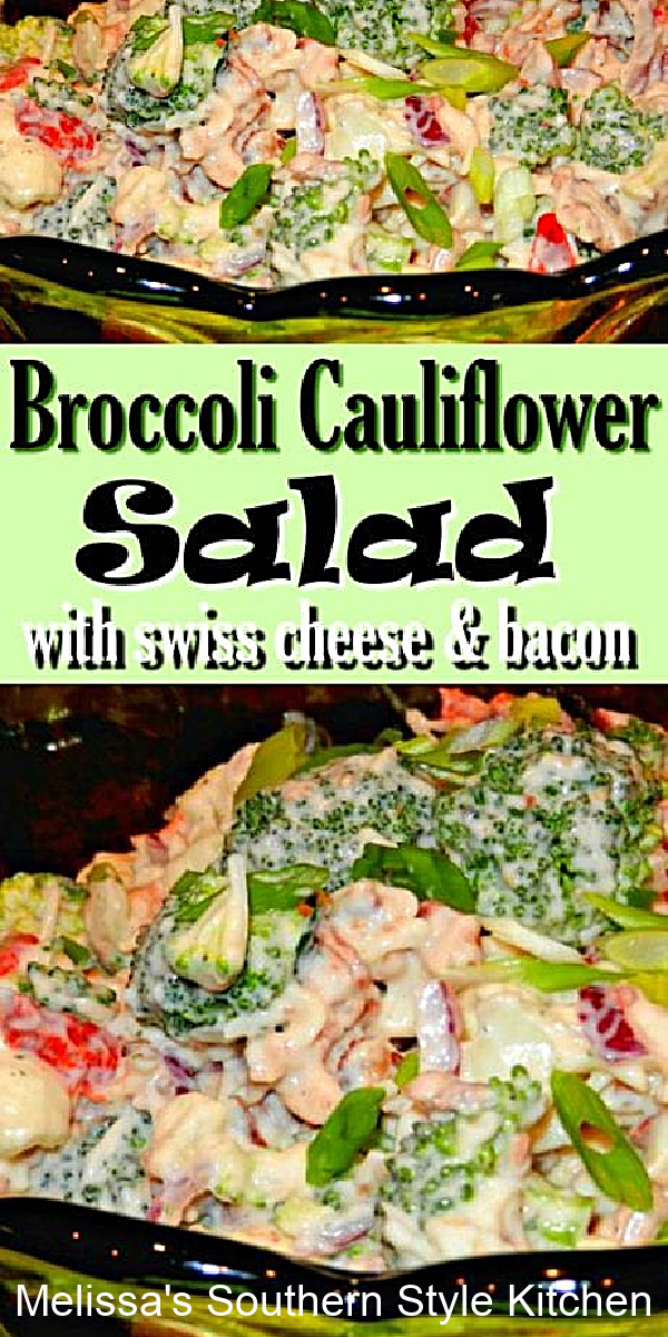This Broccoli Cauliflower Salad is quick and simple combining fresh vegetables with Swiss cheese, bacon and a homemade buttermilk dressing #broccolisalad #broccolicauliflowersalad #saladrecipes #cauliflower #easyrecipes #sidedishrecipes #swisscheese #bacon #southernrecipes via @melissasssk