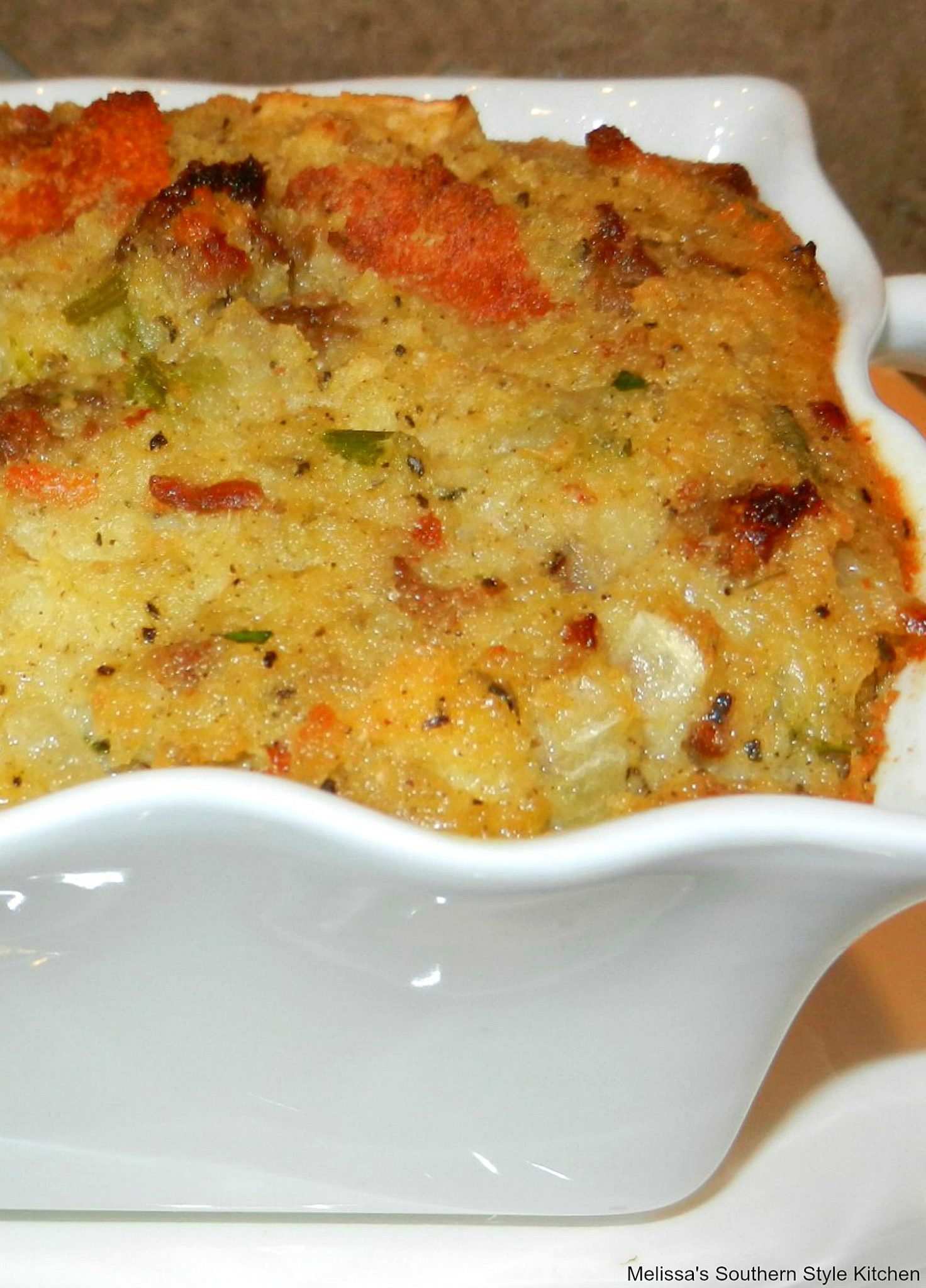 baked cornbread dressing in a dish