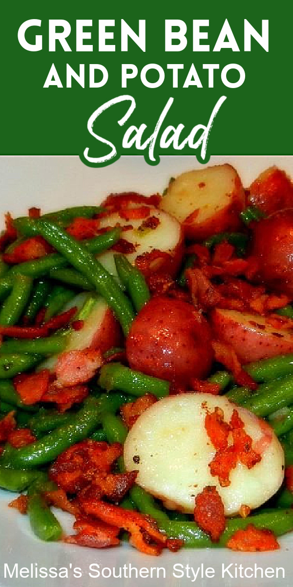 Enjoy this classic green bean and potato combo as a salad tossed with a warm bacon vinaigrette #greenbeans #potatoes #salads #saladrecipes #greenbeansalad #bacon #baconvinaigrette #sidedishes #sidedishrecipes #southernfood #southernrecipes via @melissasssk