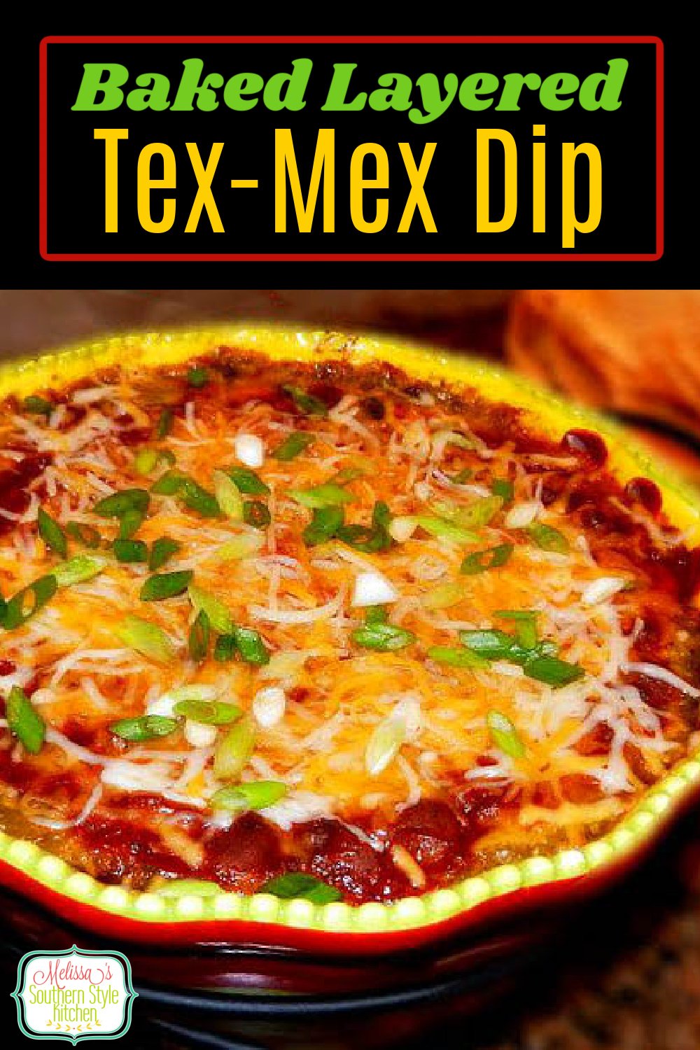 Grab some tortilla chips and start dipping this delicious warm and gooey Baked Layered Tex Mex Dip #bakedtexmexdip #mexicandip #layeredmexicandip #texmex #chili #diprecipes #appetizers #mexicanfood #football #gamedayrecipes #southernfood #southernrecipes via @melissasssk