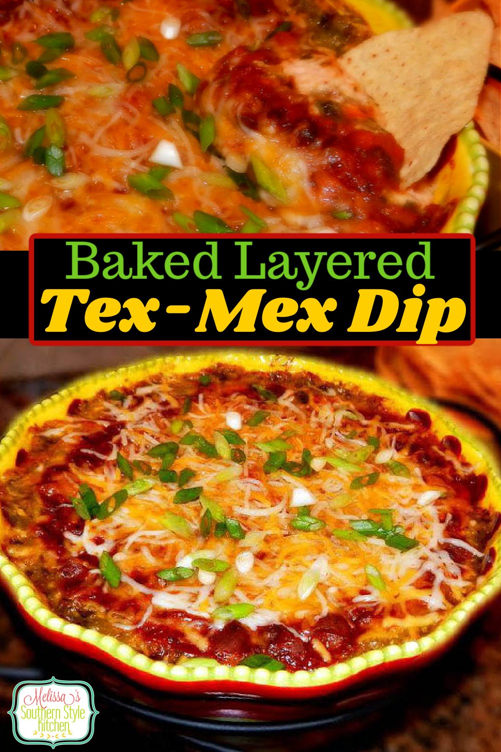 Grab some tortilla chips and start dipping this delicious warm and gooey Baked Layered Tex Mex Dip #bakedtexmexdip #mexicandip #layeredmexicandip #texmex #chili #diprecipes #appetizers #mexicanfood #football #gamedayrecipes #southernfood #southernrecipes via @melissasssk