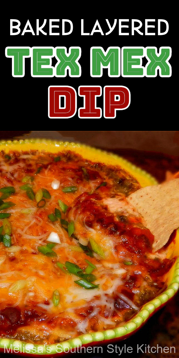 Grab some tortilla chips and start dipping this delicious warm and gooey Baked Layered Tex Mex Dip #bakedtexmexdip #mexicandip #layeredmexicandip #texmex #chili #diprecipes #appetizers #mexicanfood #football #gamedayrecipes #southernfood #southernrecipes