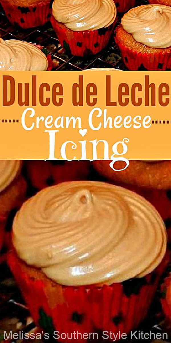 Dulce de Leche Cream Cheese Icing is a delicious frosting for pumpkin, banana, vanilla, chocolate, caramel or pineapple cake and cupcakes #dulcedeleche #caramelfrosting #creamcheeseicing #icingrecipes #caramel #dulcedelecheicing