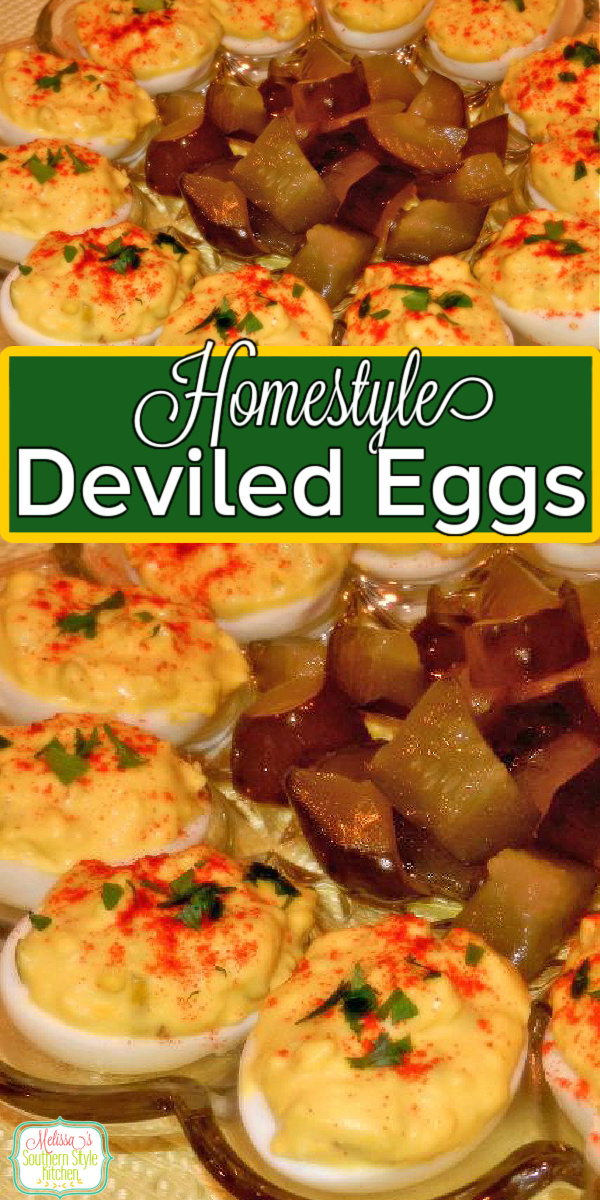 homestyle Delicious Deviled Eggs are perfectly seasoned making them a spectacular side dish or starter for a party #deviledeggs #homestyleeggs #eggs #eggrecipes #southerndeviledeggs #easyeggrecipes #appetizers #holidaysidedishrecipes via @melissasssk