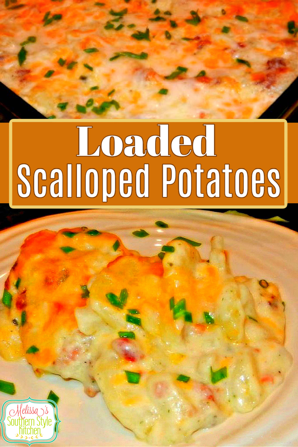 This side dish goes with a myriad of entrees and it's loaded with bacon, chives and plenty of gooey cheese! #loadedscallopedpotatoes #potatoecasserole #scallopedpotatoes #potatorecipes #sidedishrecipes #bacon #casseroles #dinner #dinnerrecipes #southernfood #southernrecipes via @melissasssk