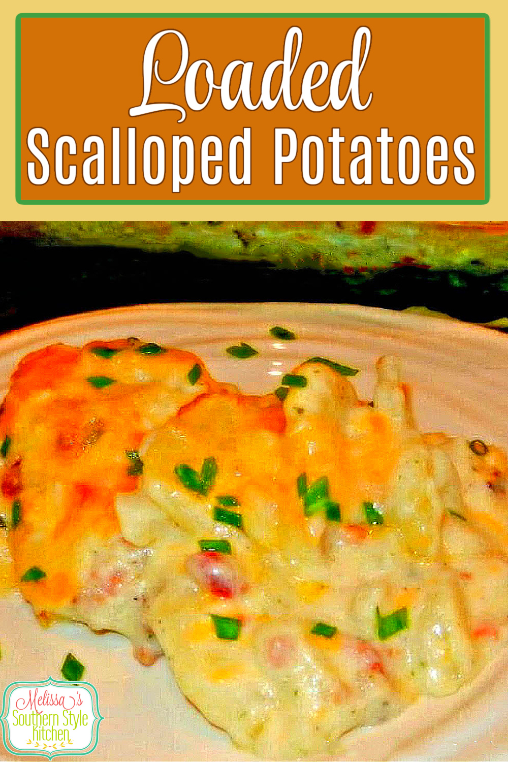 This side dish goes with a myriad of entrees and it's loaded with bacon, chives and plenty of gooey cheese! #loadedscallopedpotatoes #potatoecasserole #scallopedpotatoes #potatorecipes #sidedishrecipes #bacon #casseroles #dinner #dinnerrecipes #southernfood #southernrecipes via @melissasssk