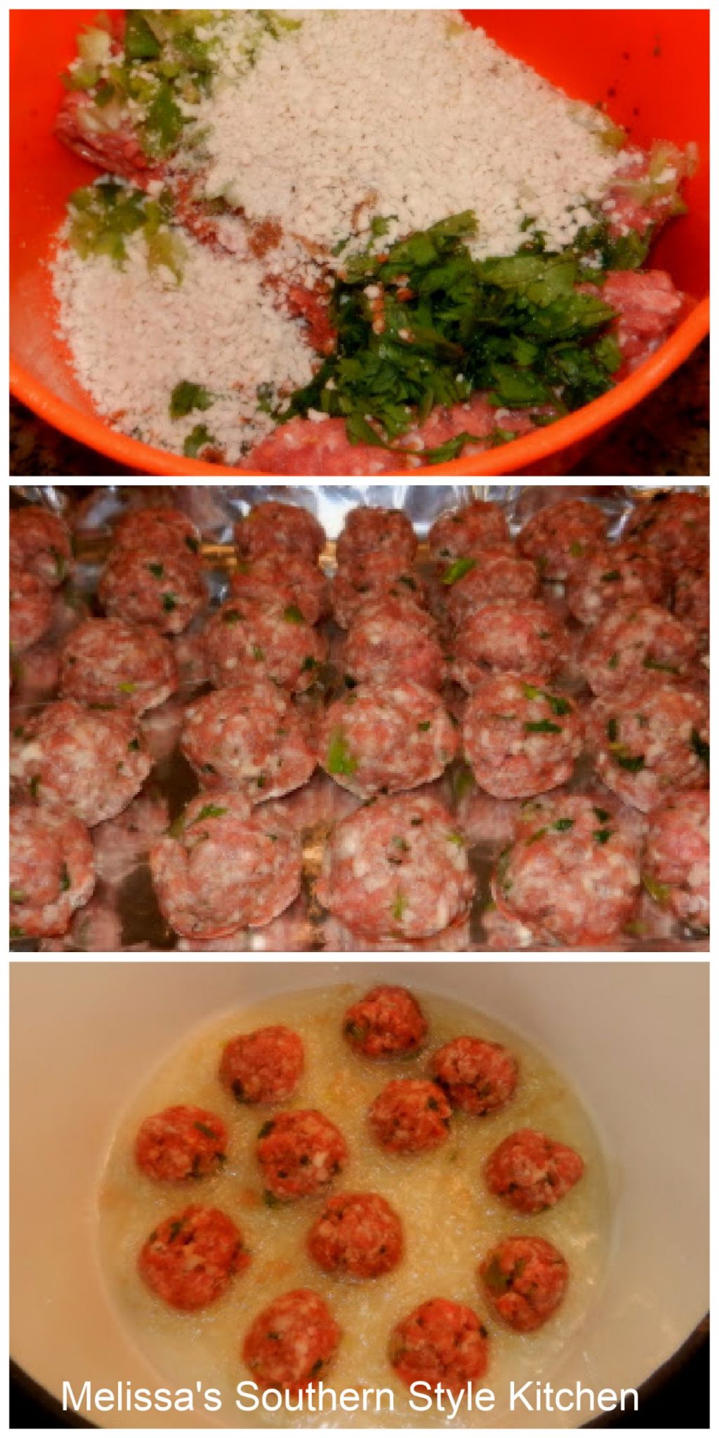 sausage, herbs, breadcrumbs and seasonings formed into meatballs on a pan