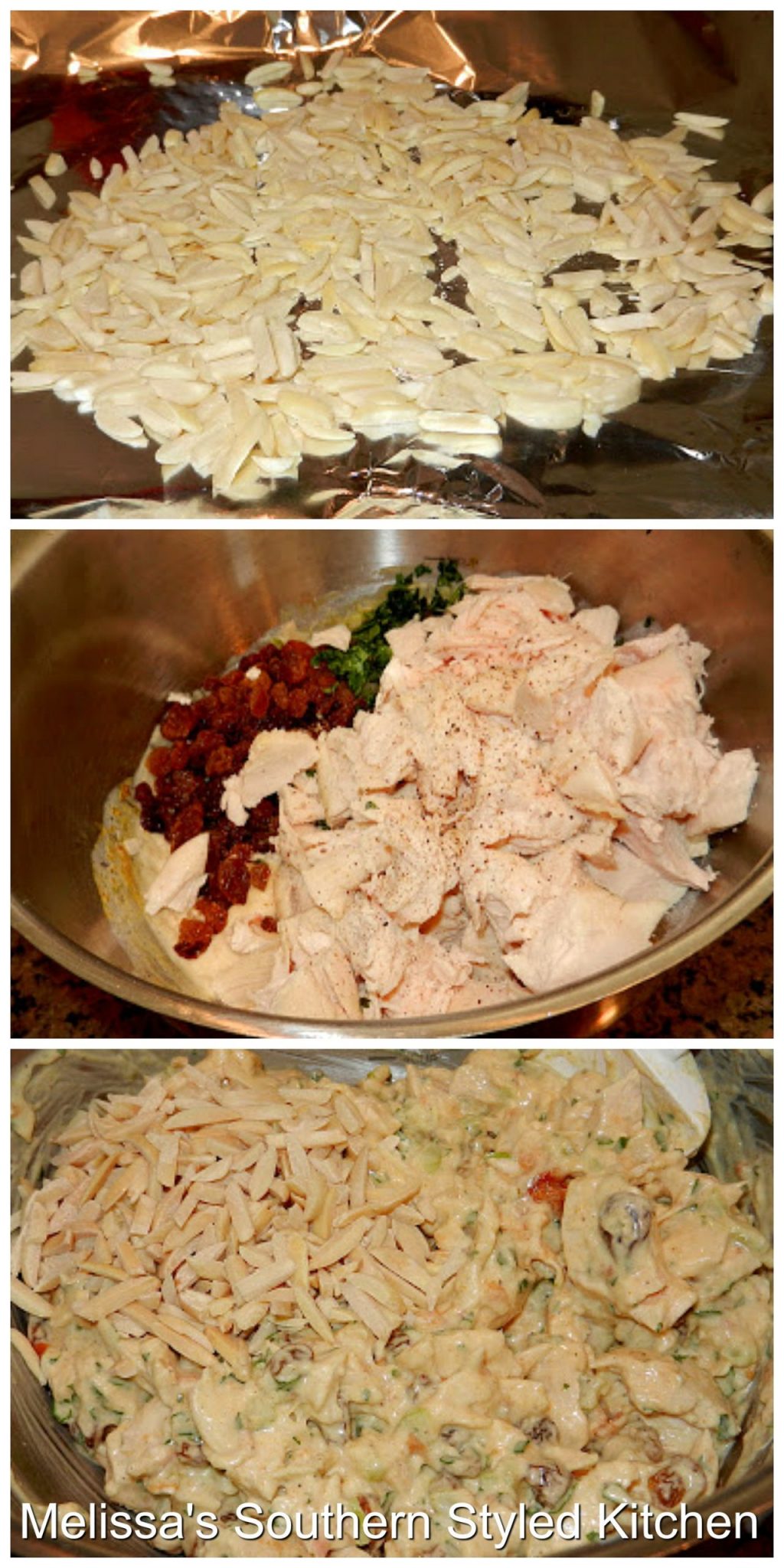 Step-by-step preparation images and ingredients for chicken salad