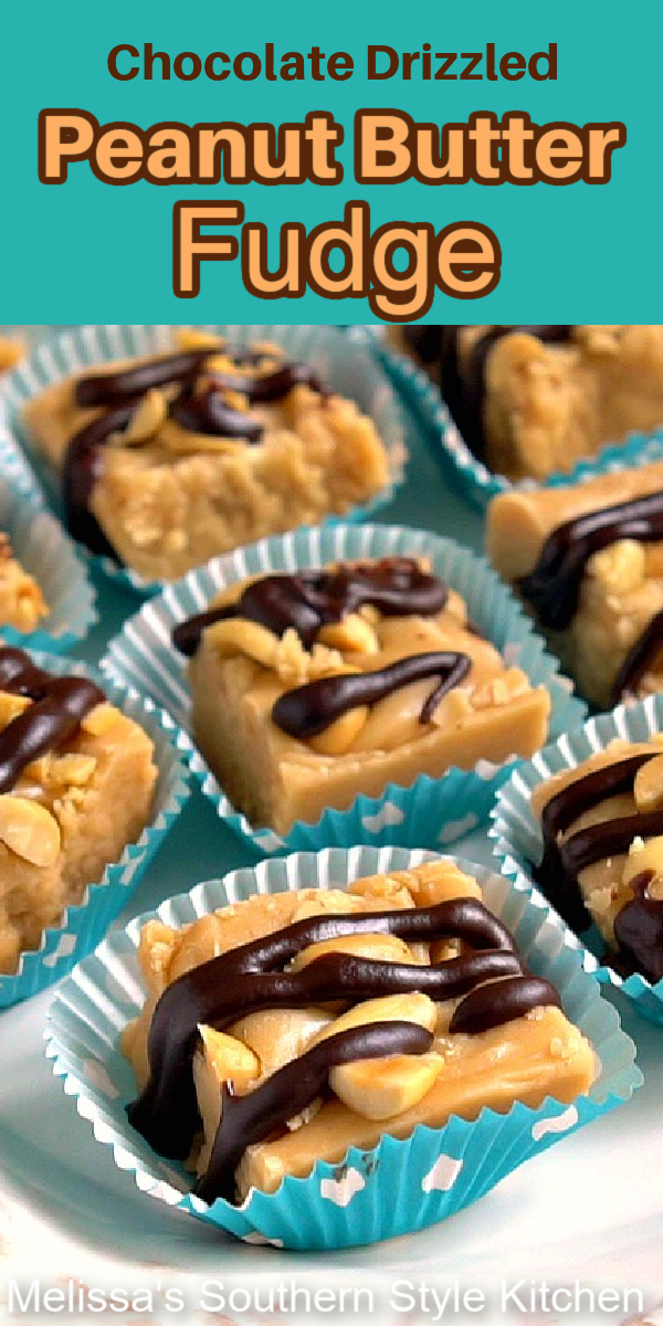 This chocolate drizzled Peanut Butter Fudge is impossible to resist #peanutbutterfudge #fudge #chocolate #sweets #candy #fudgerecipes #christmascandy #peanutbutterrecipes #desserts #dessertfoodrecipes #holidayrecipes #southernfood #southernrecipes via @melissasssk