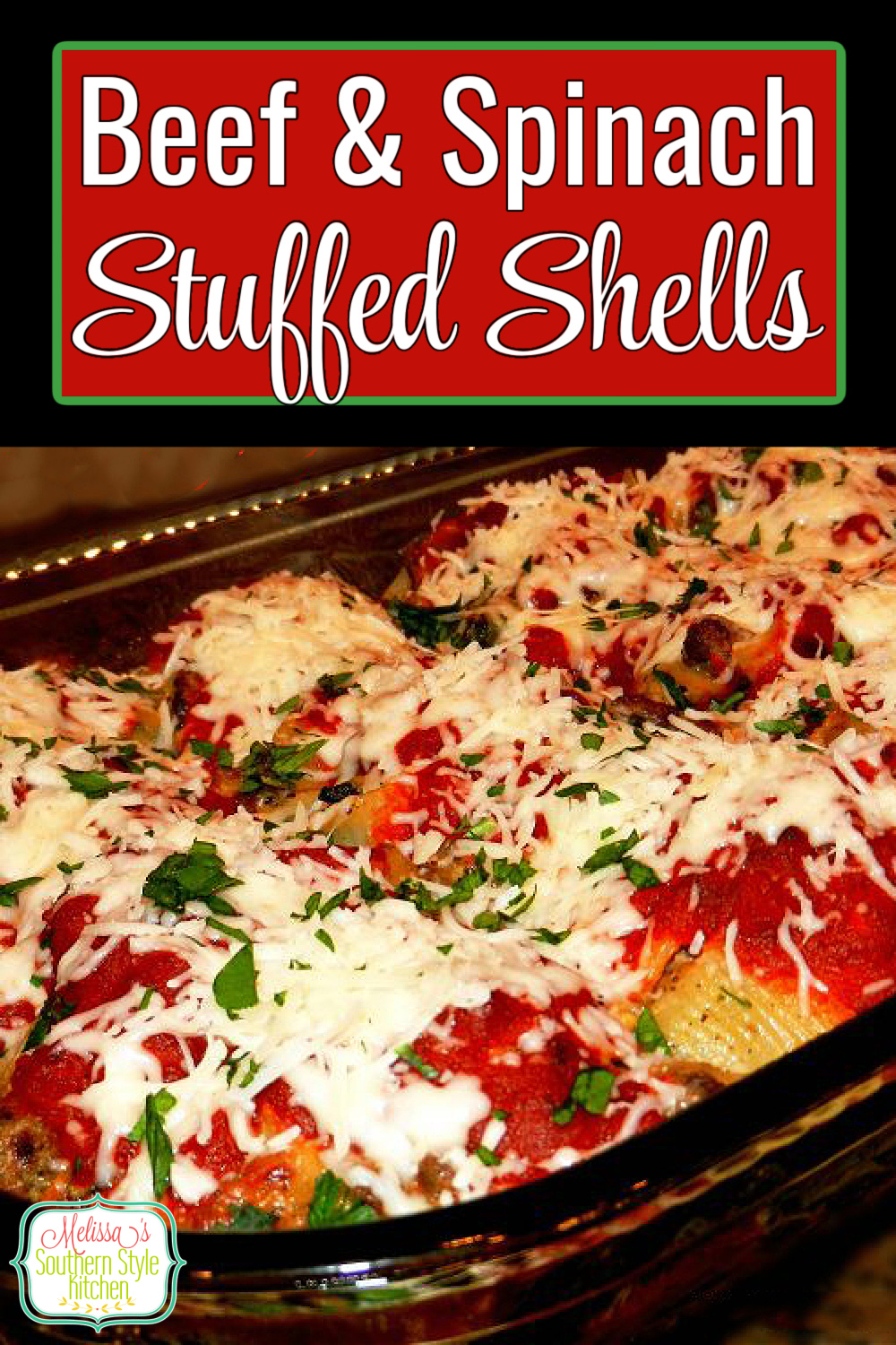 Create your own Italian feast at home with these Beef and Spinach Stuffed Shells #stuffedshells #easygroundbeefrecipes #beefstuffedshells #pasta #Italianfood #beefandspinachstuffedshells #dinner #dinnerideas #beef #easyrecipes #spinach #southernfood #southernrecipes via @melissasssk