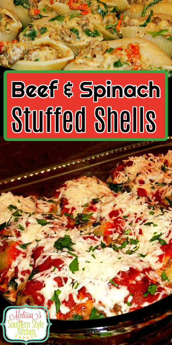 Create your own Italian feast at home with these Beef and Spinach Stuffed Shells #stuffedshells #easygroundbeefrecipes #beefstuffedshells #pasta #Italianfood #beefandspinachstuffedshells #dinner #dinnerideas #beef #easyrecipes #spinach #southernfood #southernrecipes