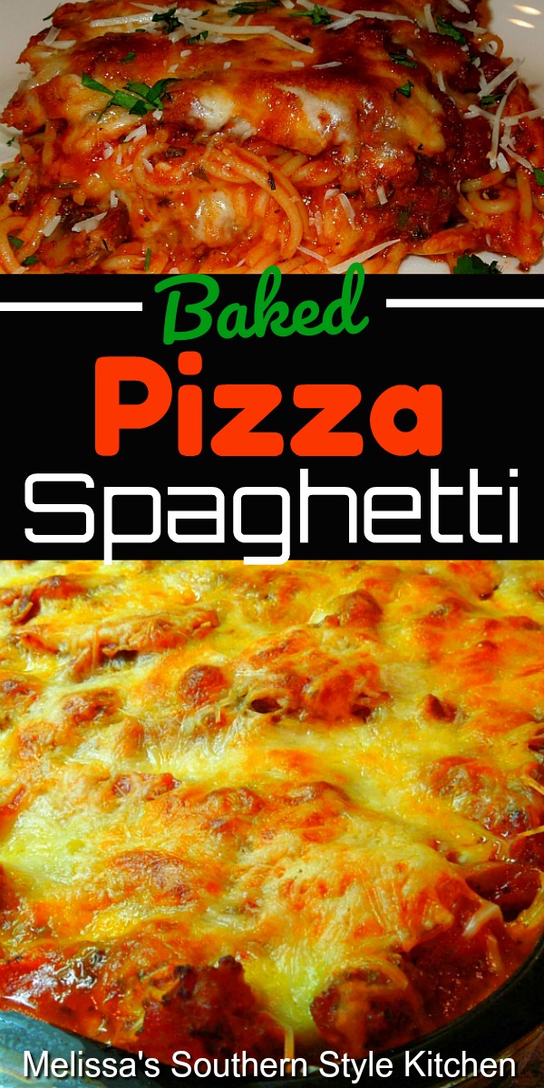 Baked Pizza Spaghetti is filled with supreme pizza flavors and spaghetti combined into one pasta rock star #bakedspaghetti #spaghetti #pastarecipes #dinnerideas #dinner #food #casseroles #southernrecipes #southernfood #casseroles #pastacsseroles #spaghettirecipes #easygroundbeefrecipes
