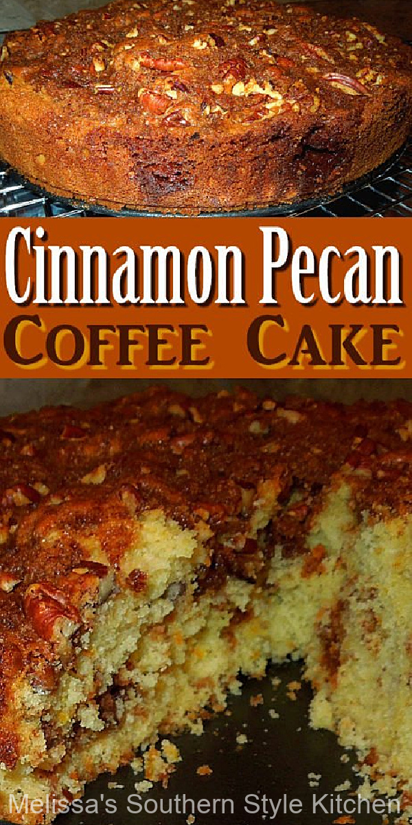 This single layer Cinnamon Pecan Coffee Cake is filled with a nutty pecan brown sugar filling that includes a hint of orange zest #coffeecakerecipes #cinnamonpecancoffeecake #cakes #cakerecipes #pecancake #cinnamoncoffeesake #sourcreamcoffeecake