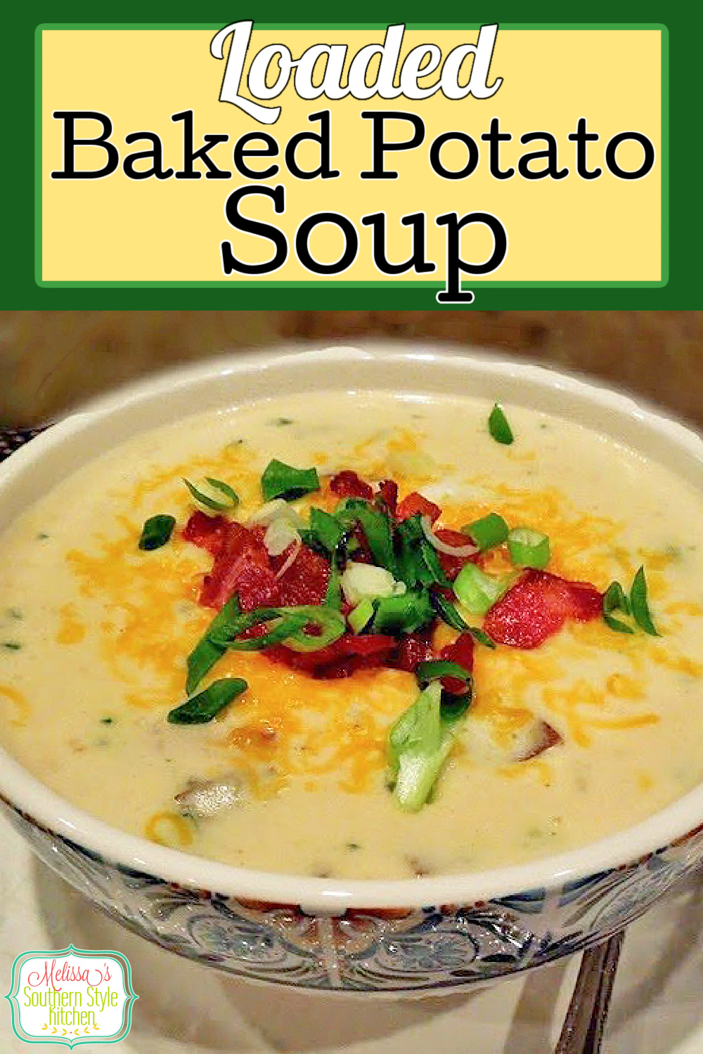 This Loaded Baked Potato Soup is comfort food in a bowl #potatosoup #bakedpotatoes #potatorecipes #dinner #dinnerideas #chese #bacon #loadedbakedpotatoes #loadedpotatosoup #potatosouprecipe #southernfood #southernrecipes via @melissasssk
