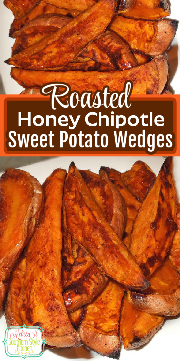 Up your side dish game with these Roasted Honey Chipotle Sweet Potato Wedges #sweetpotatoes #sweetpotatorecipes #sweetpotatofries #healthy #easyrecipes #sidedishrecipes #appetizers #southernrecipes #southernfood #honey #chipotlepeppers #melissassouthernstylekitchen via @melissasssk