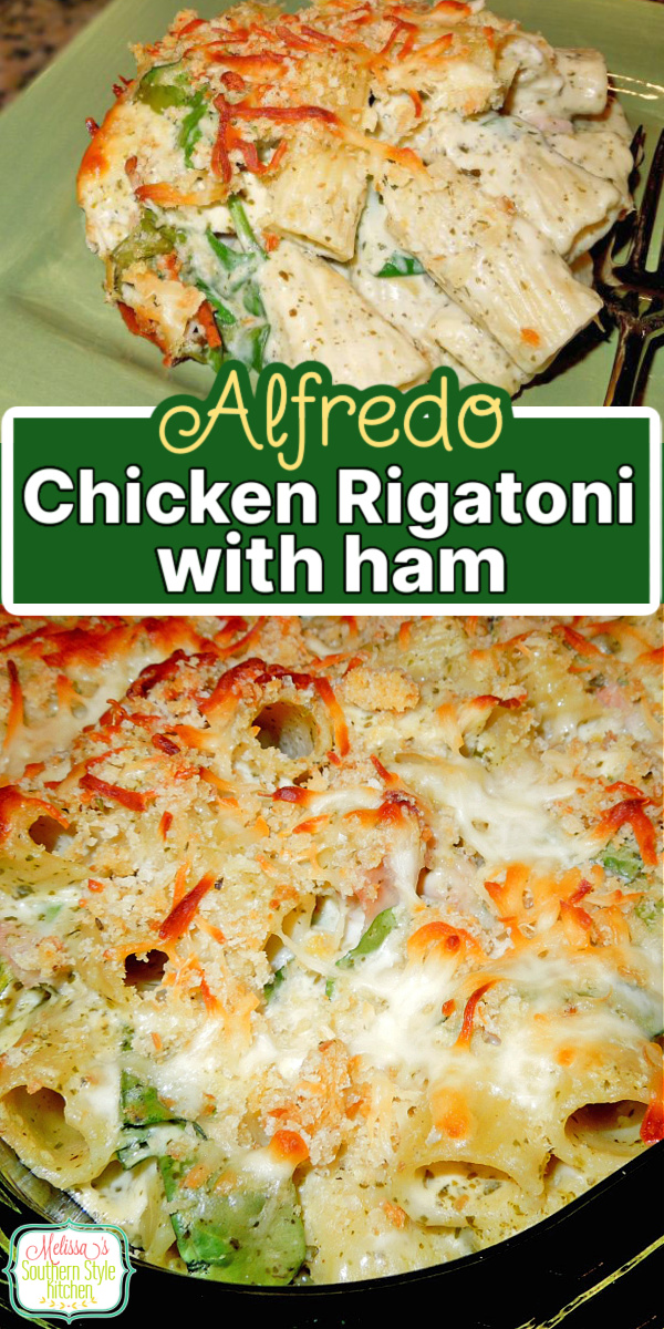 Baked Alfredo Chicken And Ham Rigatoni is a one-dish meal perfect for any night of the week #rigatoni #chickenalfredo #alfredorigatoni #pastacasseroles #pasta #rigatonirecipes #chickenrecipes #easychickenrecipes via @melissasssk