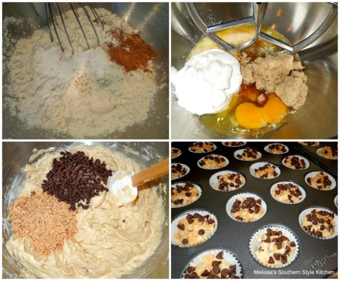 step by step images how to make Banana Choco-Toffee Mini Muffins