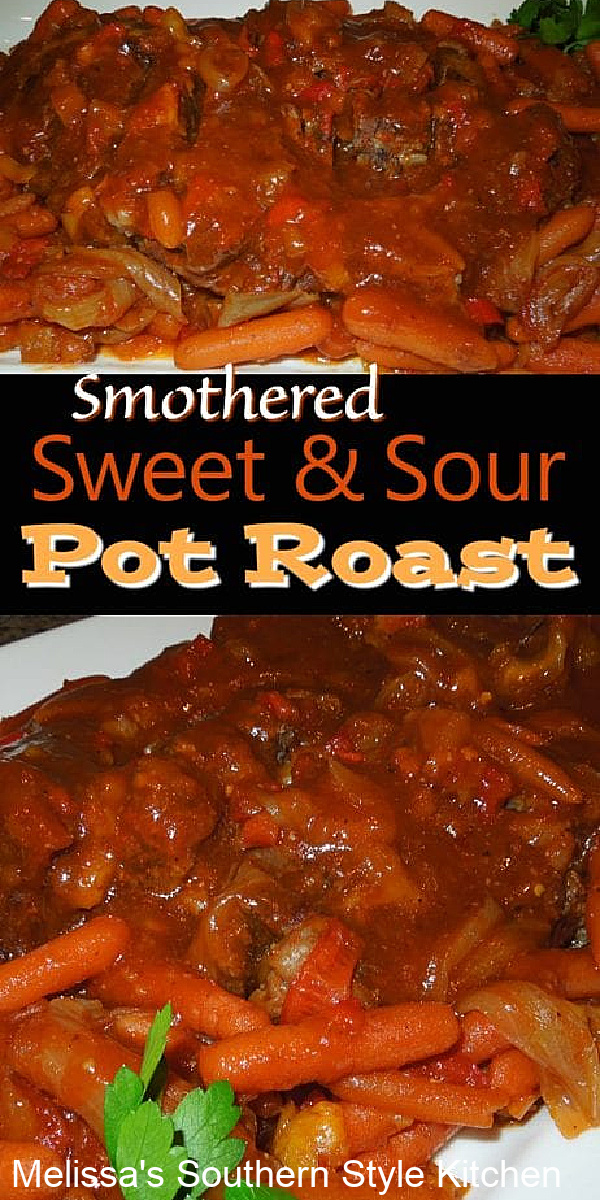 Serve Smothered Sweet and Sour Pot Roast and you'll amp up dinner time with a tasty twist on classic pot roast with gravy #potroast #smotheredpotroast #sweetandsourbeef #beefrecipes #slowcookedroast #crockpotroast #sweetandsourpotroast