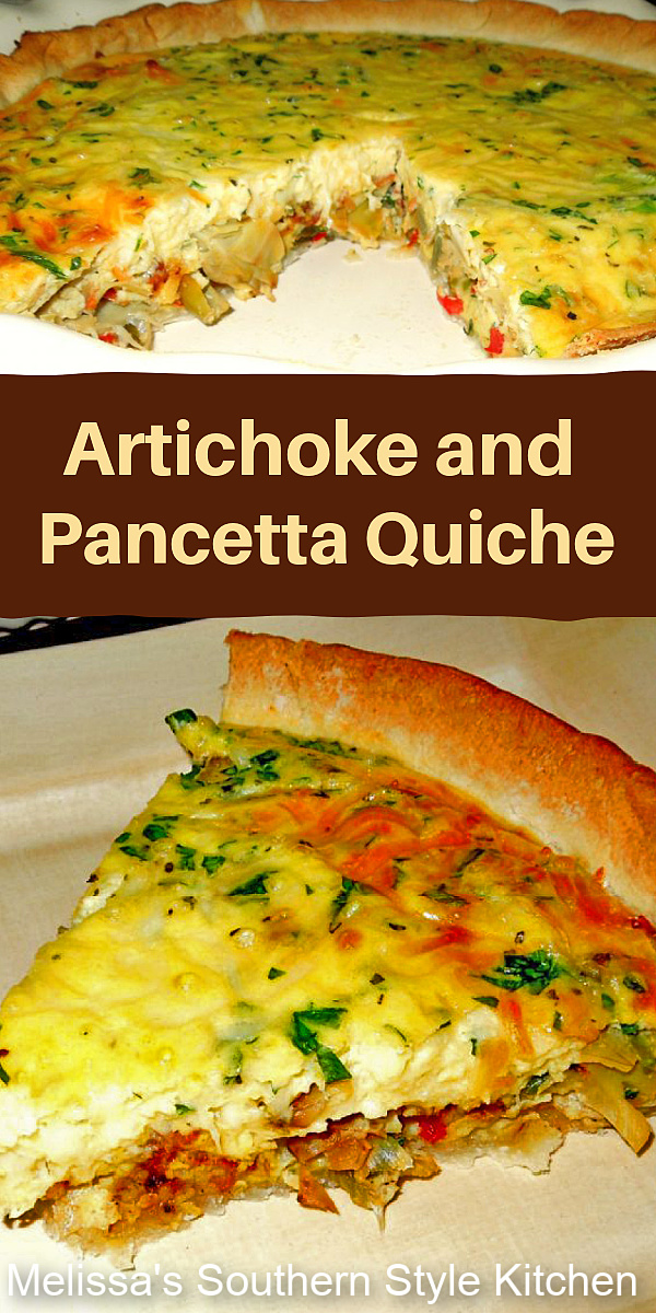 This homemade Artichoke and Pancetta Quiche can be served for breakfast, brunch, lunch or dinner #artichokepancettaquiche #artichokes #pancetta #quiche #quicherecipes #eggs #brunch #breakfast #easyquicherecipes #southernrecipes