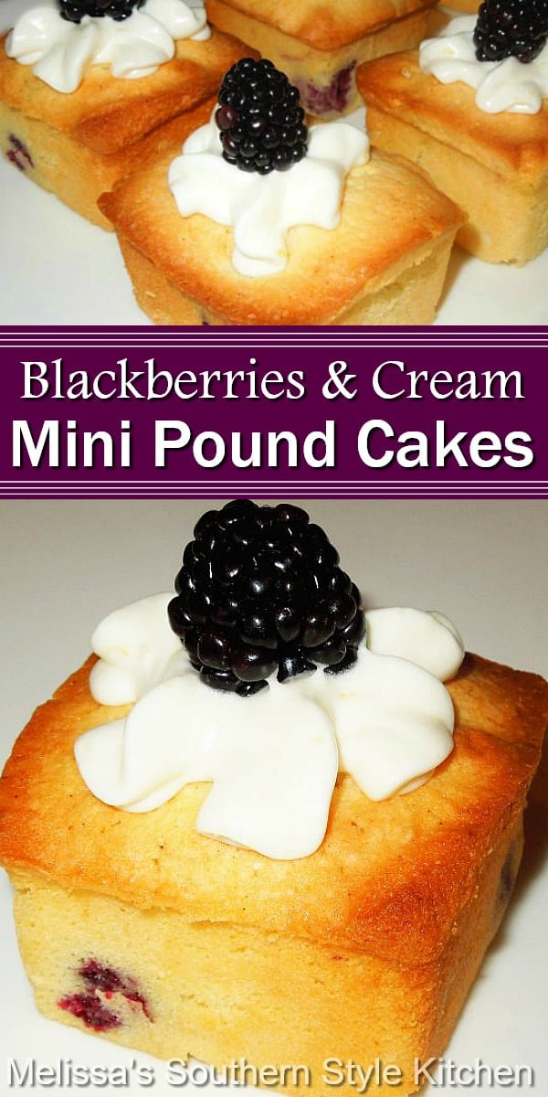 These cute as a button blackberry-filled mini pound cakes are simply scrumptious! #poundcake #blackberries #blackberrypoundcakes #southernpoundcake #cakes #cakerecipes #desserts #dessertfoodrecipes #holidaybaking #southernfood #southernrecipes