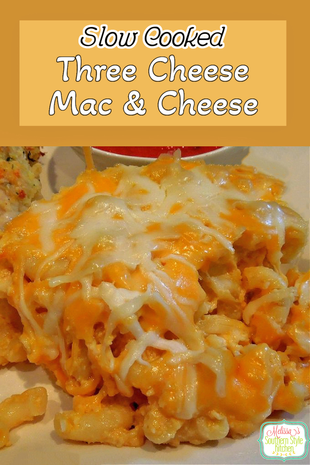 On busy oven days and during the holidays this Slow Cooked Three Cheese Mac and Cheese is a delicious side dish option #triplecheddarmacaroniandcheese #macandcheese #cheddarcheese #macandcheeserecipes #southernrecipes #casseroles #macaroni #pasta #sidedishrecipes