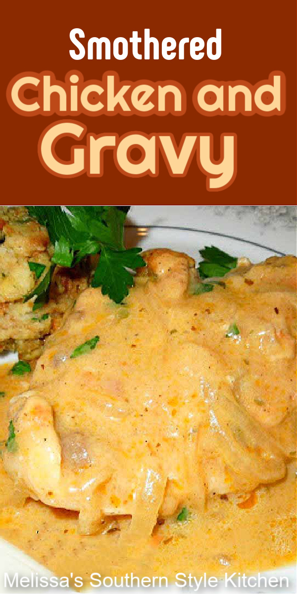Serve this down home Smothered Chicken And Gravy with your favorite Southern sides #smotheredchicken #chickenandgravy #easychickenrecipes #chicken #chickenbreastrecipes #gravy #southernfriedchicken #roastchicken #chickengravy