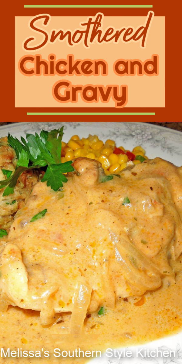 Serve this down home Smothered Chicken And Gravy with your favorite Southern sides #smotheredchicken #chickenandgravy #easychickenrecipes #chicken #chickenbreastrecipes #gravy #southernfriedchicken #roastchicken #chickengravy