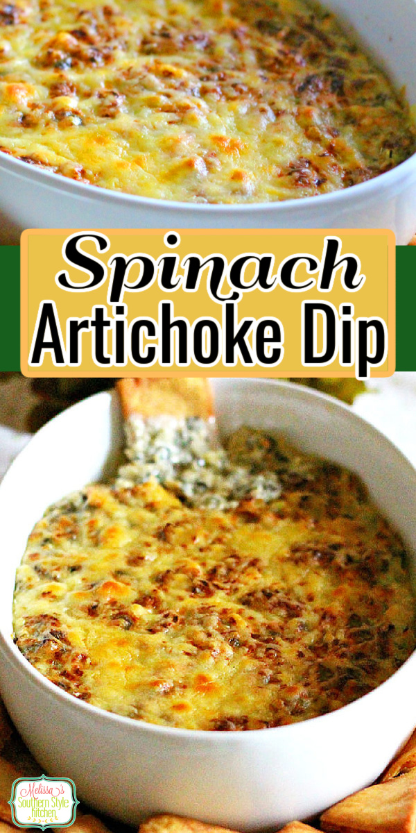Enjoy this gooey Italian Spinach Artichoke Dip for entertaining friends, as a holiday starter or game day snacking. #spinachartichokedip #spinachdip #artichokedip #diprecipes #appetizers #easyrecipes #bakedspinachdip #southernfood #southernrecipes #Italian #snacks #footballfood via @melissasssk