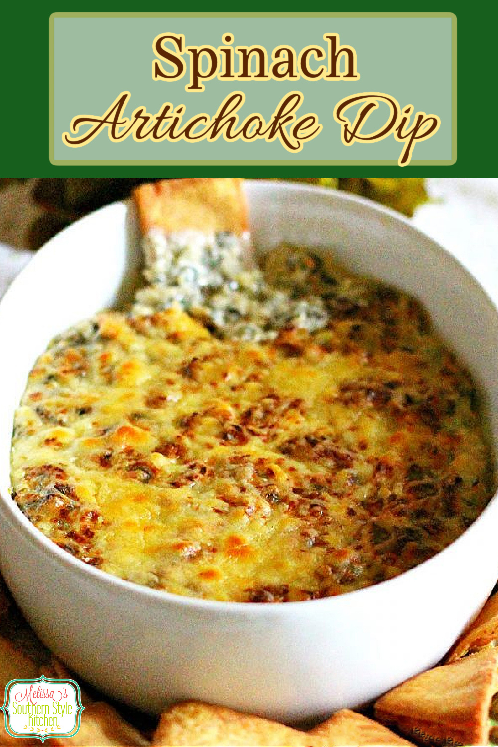 Enjoy this gooey Italian Spinach Artichoke Dip for entertaining, as a holiday starter or game day snacks #spinachartichokedip #spinachdip #artichokedip #diprecipes #appetizers #easyrecipes #bakedspinachdip #southernfood #southernrecipes #Italian #snacks #footballfood