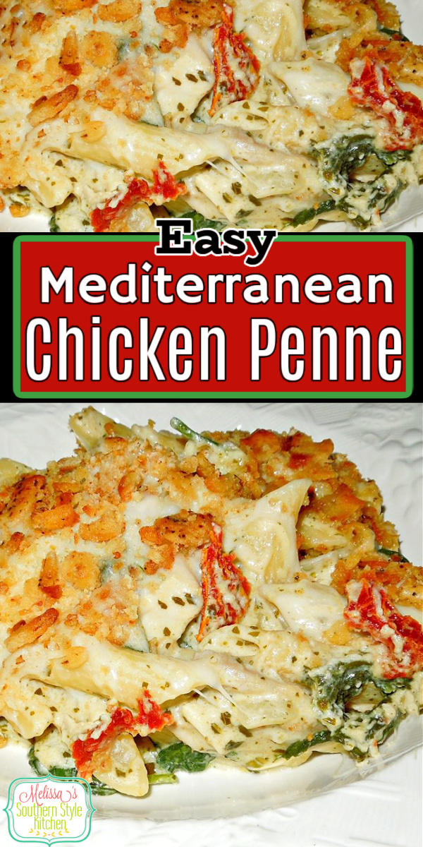 Serve this Easy Mediterranean Chicken Penne with a salad and warm garlic bread for a family-style feast at home #mediterraneanpenne #chickenrecipes #pastacasseroles #pennepastarecipes #chickenpasta #easychickenrecipes #mediterraneanrecipes via @melissasssk