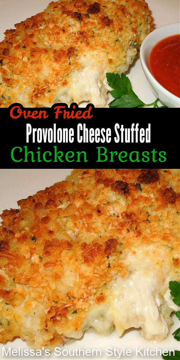 Serve these crispy provolone cheese stuffed chicken breasts with a side of pasta and marinara sauce #ovenfriedchicken #chickenbreastrecipes #easychickenrecipes #chickenbreasts #friedchicken #Italian #Italianchicken #dinner #dinnerideas #southernfood #southernrecipes