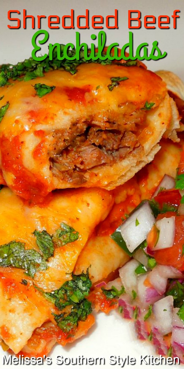 Turn pot roast into a round 2 meal with these kicked-up mouthwatering Shredded Beef Enchiladas #enchiladas #beefrecipes #beefenchiladas #enchiladarecipes #dinner #dinnerdieas #southernfood #southernrecipes #mexicanfood #easybeefrecipes #mexican #mexicanfood