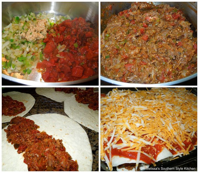 Step-by-step preparation images and ingredients for beef enchiladas