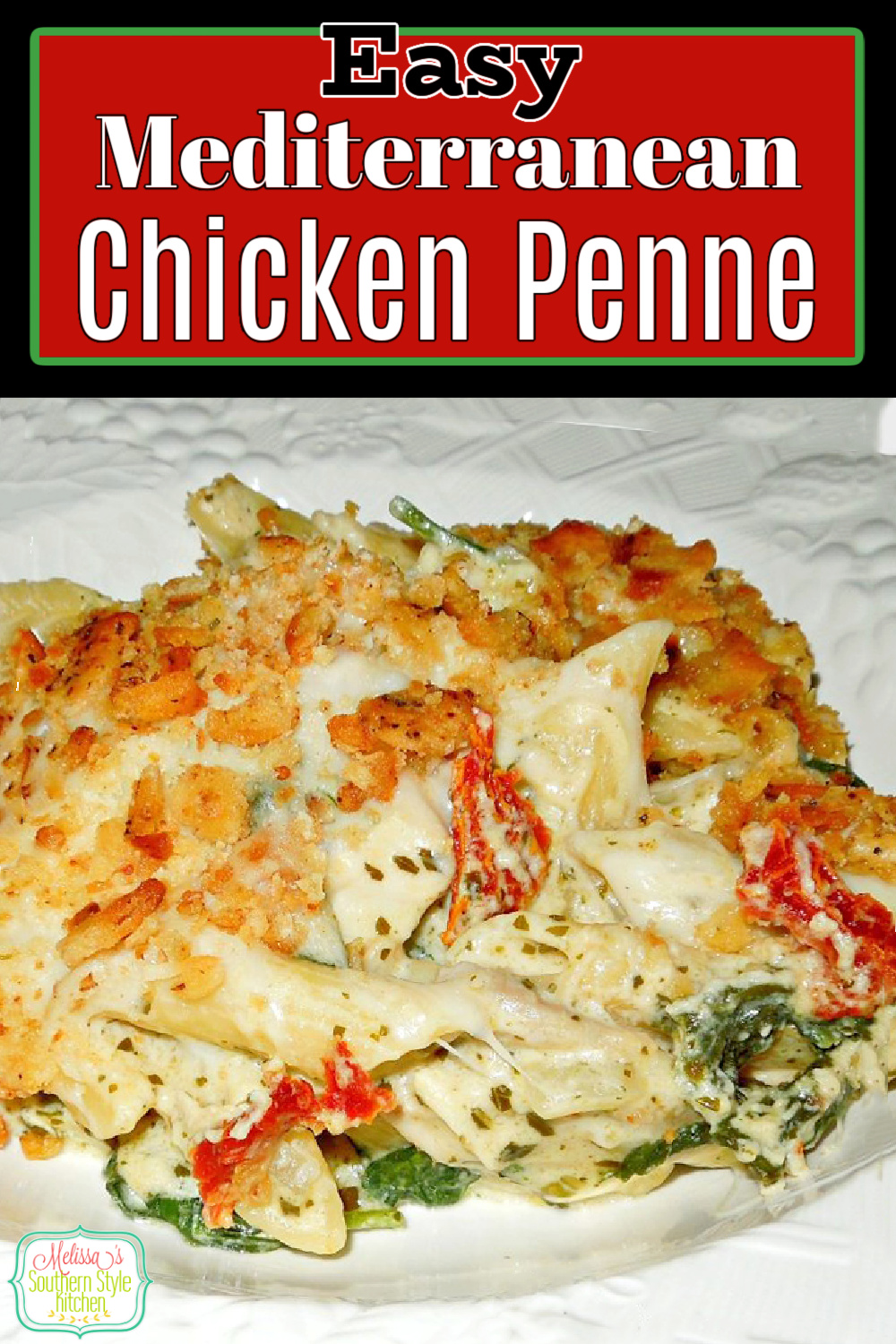 Serve this Easy Mediterranean Chicken Penne with a salad and warm garlic bread for a family-style feast at home #mediterraneanpenne #chickenrecipes #pastacasseroles #pennepastarecipes #chickenpasta #easychickenrecipes #mediterraneanrecipes via @melissasssk