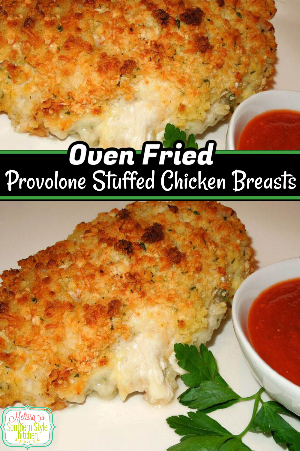 Serve these crispy provolone cheese stuffed chicken breasts with a side of pasta and marinara sauce #ovenfriedchicken #chickenbreastrecipes #easychickenrecipes #chickenbreasts #friedchicken #Italian #Italianchicken #dinner #dinnerideas #southernfood #southernrecipes via @melissasssk