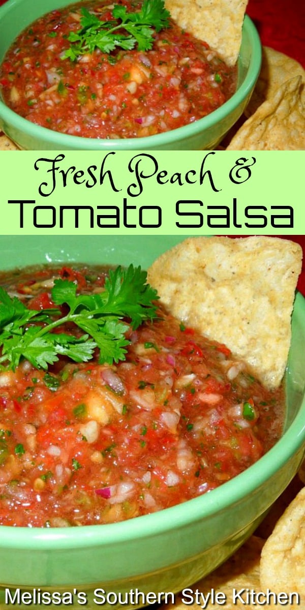 Enjoy this flavorful fresh salsa as a condiment with fish, chicken or pork or with tortilla chips for dipping #salsa #peachsalsa #tomatosalsa #peaches #tomatoes #condimentrecipes #appetizers #snacks #easyrecipes #vegetarian #healthyrecipes #southernfood #southernrecipes