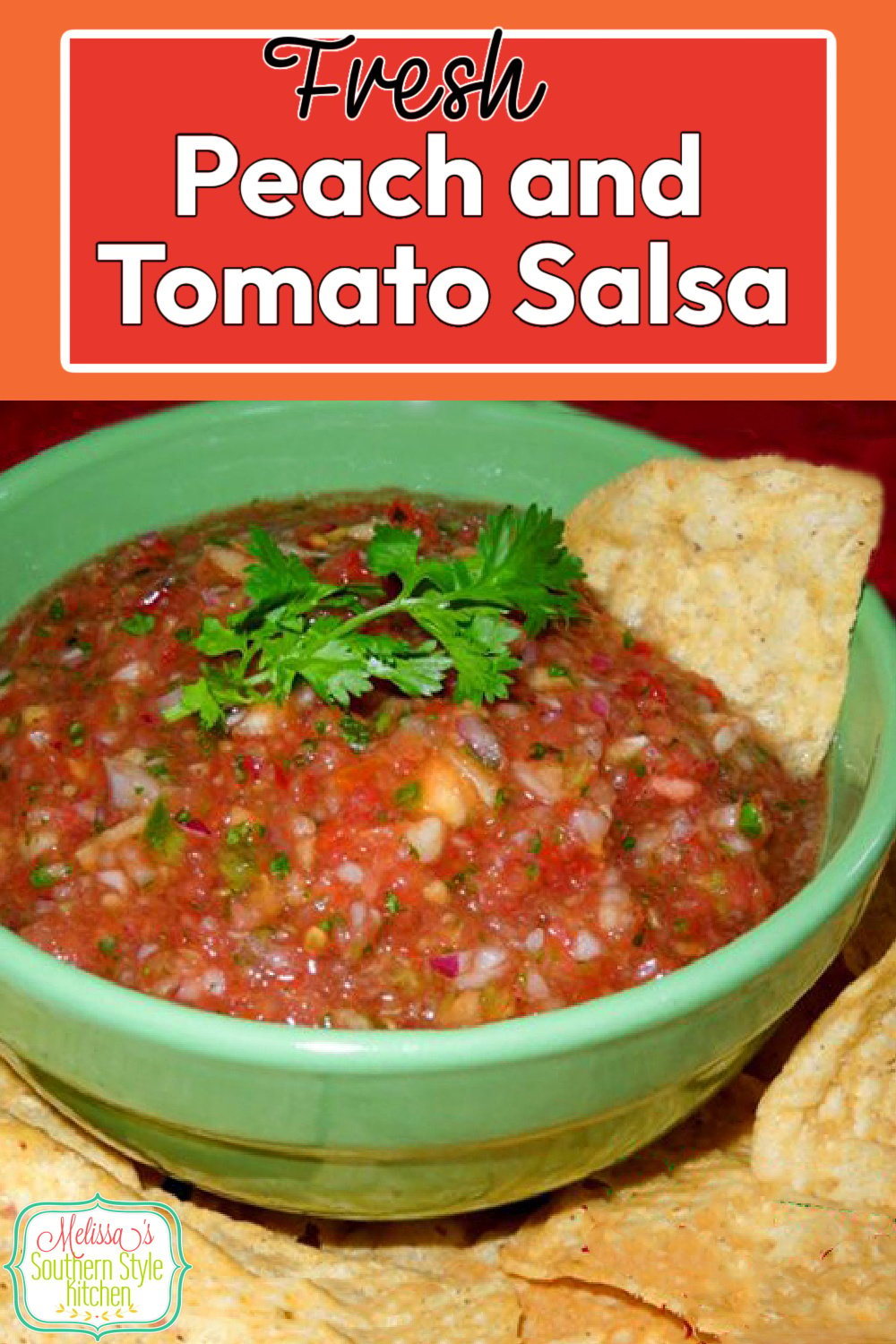 Enjoy this flavorful Fresh Peach Tomato Salsa as a condiment with fish, chicken and pork or with tortilla chips for dipping #salsa #peachsalsa #tomatosalsa #peaches #tomatoes #condimentrecipes #appetizers #snacks #easyrecipes #vegetarian #healthyrecipes #southernfood #southernrecipes via @melissasssk