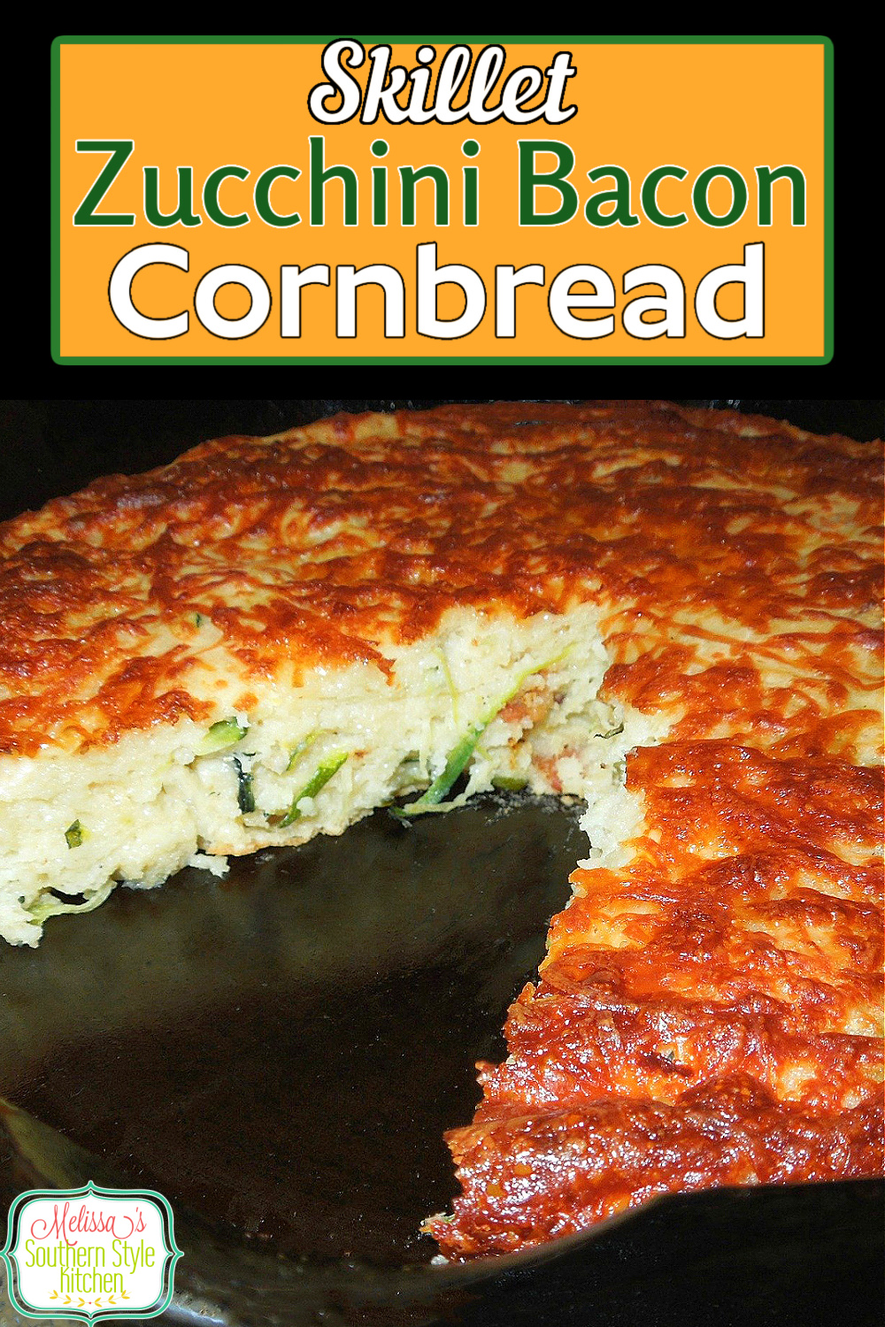 The addition of fresh zucchini and bacon takes classic skillet baked cornbread to another level of flavor #cornbread #baconcornbread #zucchini #zucchinirecipes #freshzucchini #cornbreadrecipes #bacon #southerncornbread #southernfood #southernrecipes