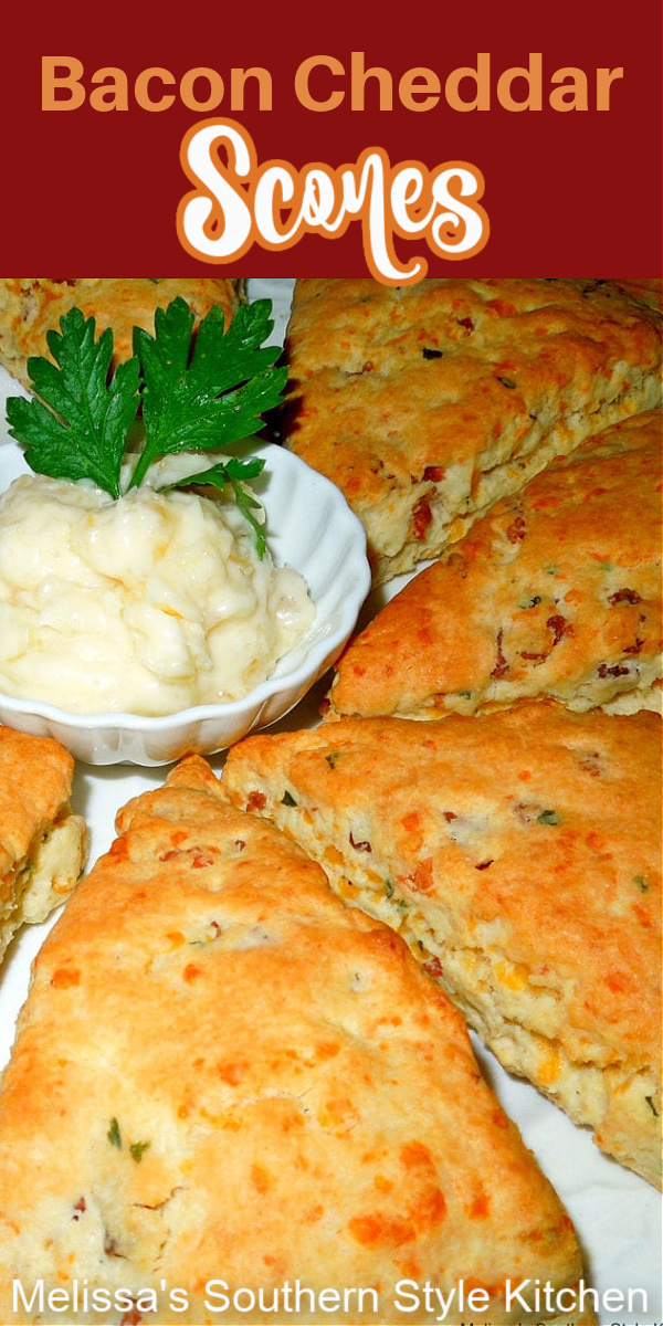Slather these Savory Bacon and Cheddar Scones with homemade pineapple butter for a spectacular breakfast, brunch or tea time treat. #scones #cheesescones #baconcheddarscones #southernfood #southernrecipes #holidaybrunch #breakfast #holidaybaking #teatime #teaparty #biscuits #cheesebiscuits #bacon