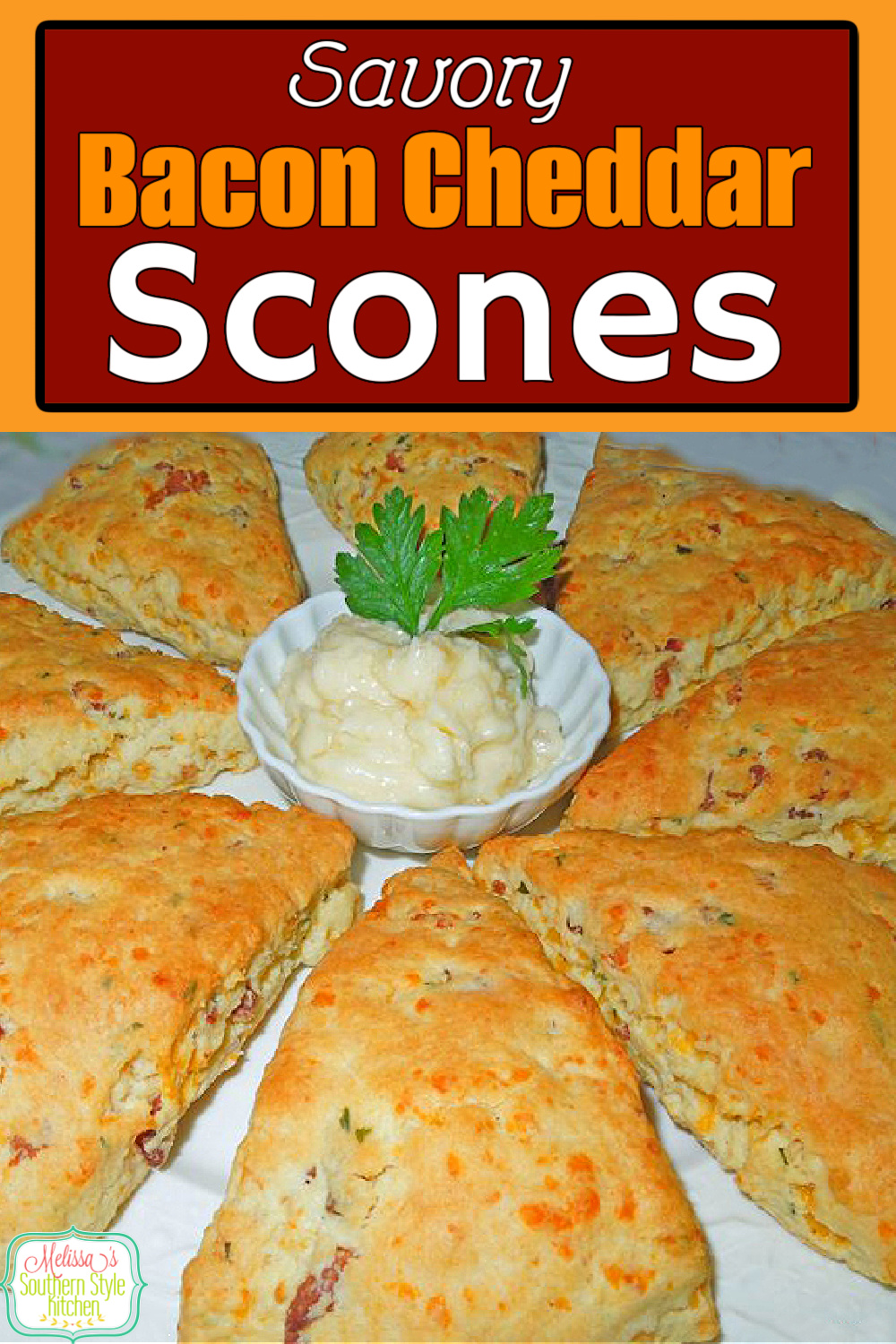 Slather these Savory Bacon and Cheddar Scones with homemade pineapple butter for a spectacular breakfast, brunch or tea time treat. #scones #cheesescones #baconcheddarscones #southernfood #southernrecipes #holidaybrunch #breakfast #holidaybaking #teatime #teaparty #biscuits #cheesebiscuits #bacon via @melissasssk