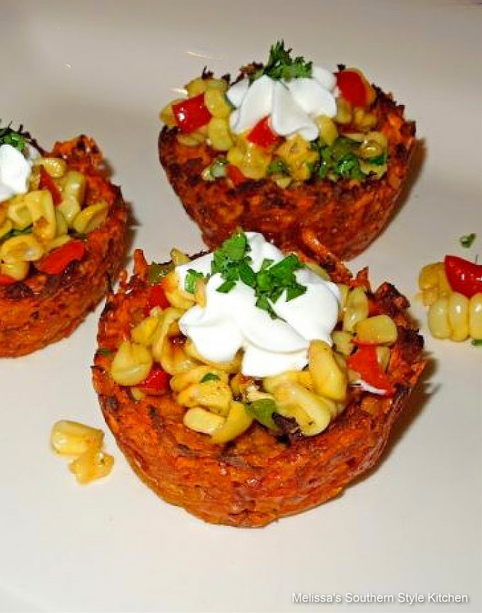 assembled  Creole Sweet Potato Nests with sour cream and corn relish