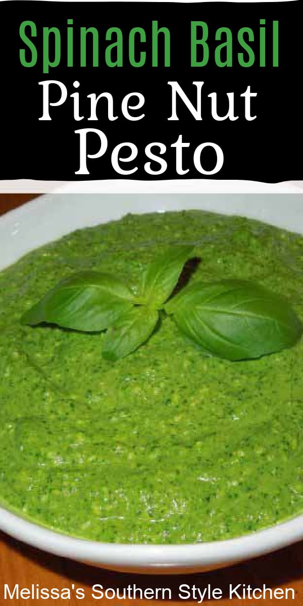 This homemade Spinach Basil and Pine Nut Pesto is packed with flavor. Toss it with pasta or use as a condiment for sandwiches and more #homemadepesto #basilpesto #pinenuts #pestorecipes #italianpesto #condiments #spinachpesto #spinachbasilpesto