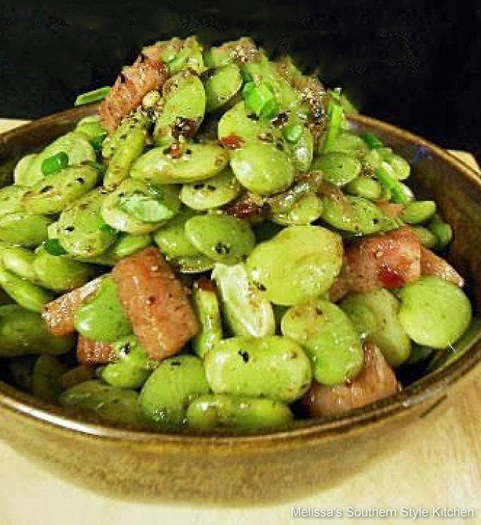 Brown Butter Baby Lima Beans and Ham in a bowl