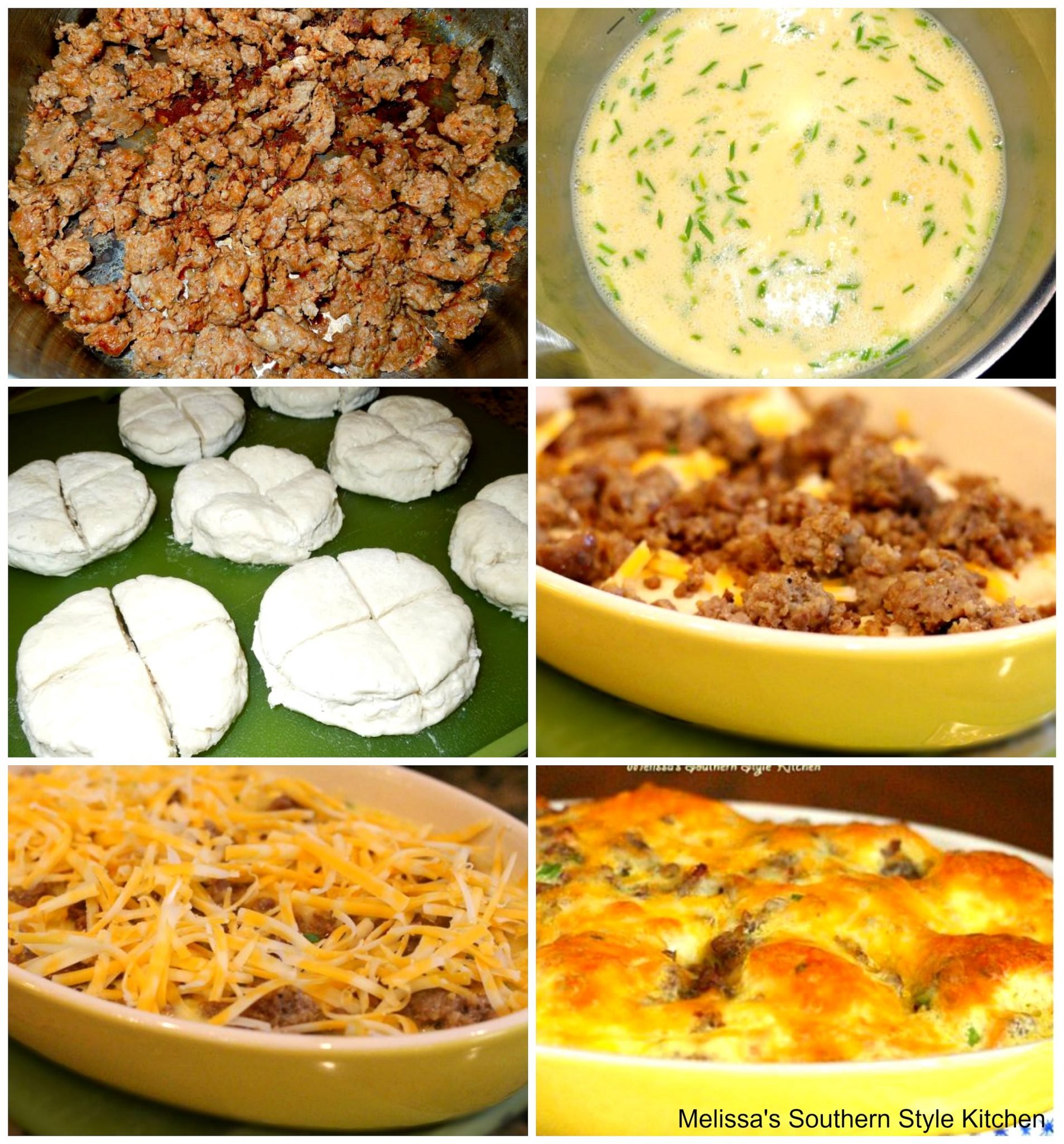 step-by-step images, eggs, sausage and biscuits for breakfast casserole 