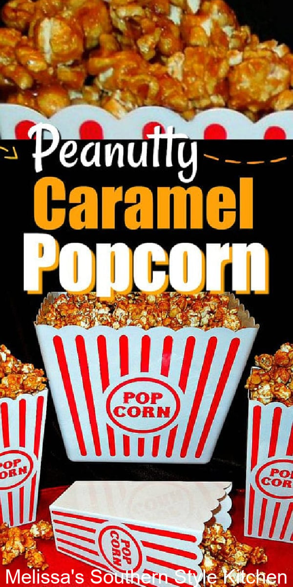 This homemade sweet and salty Peanutty-Caramel Popcorn features lightly salted popcorn and peanuts coated in a buttery caramel coating #caramelcorn #caramelpopcorn #popcorn #popcornrecipes #caramel #homemadecaramel #bestcaramelcornrecipe #peanuttycaramelpopcorn